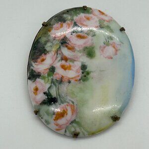 Antique Hand-Painted Porcelain Brooch With Pink Roses C-Clasp Gold-tone